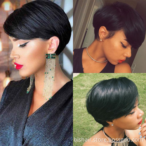 Wholesale Short Straight Wig With Bangs Pixie Cut Wig For Women Machine Made Cheap Brazilian Human hair glueless Wig Remy